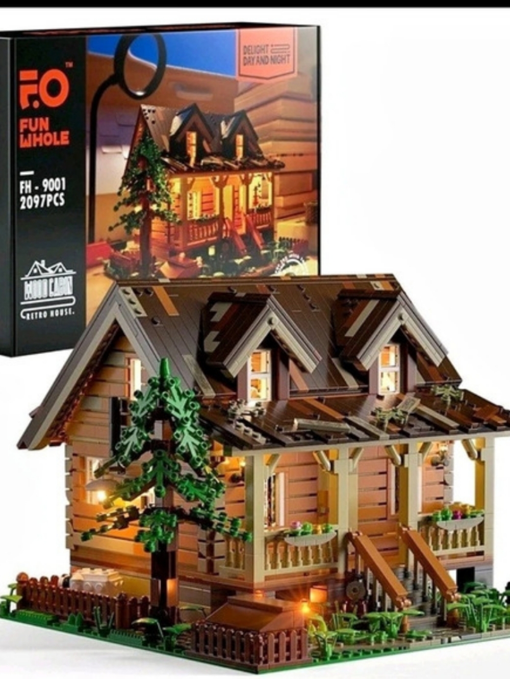FUNWHOLE Wood Cabin Lighted Building Set Brown & Green